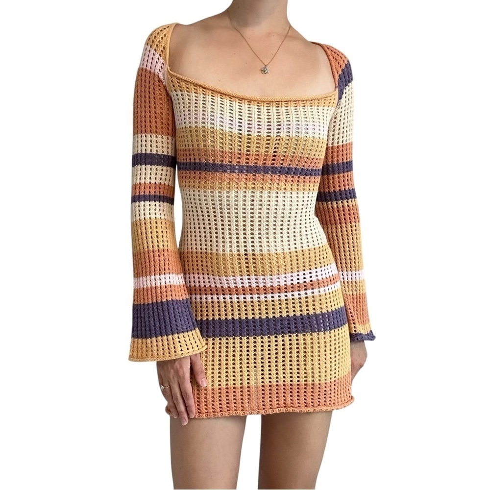 Verge Girl Crochet Mini Dress Coverup Knit Colorful Striped Summer Size 4 Small